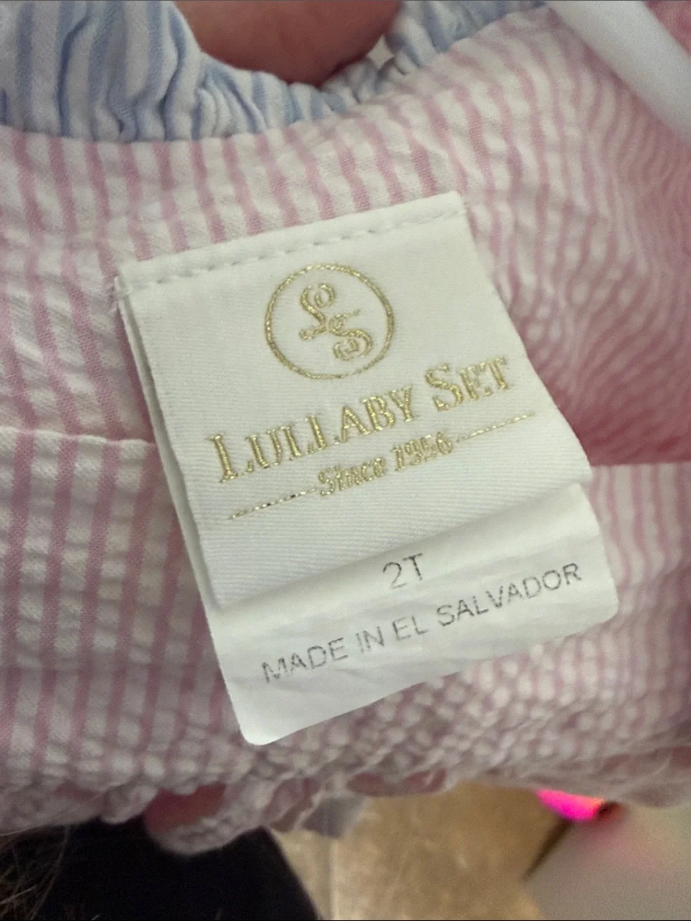 Lullaby set Girls Pink Seersucker Dress with Blue Ruffle Collar